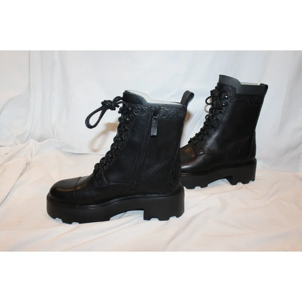 Tory Burch Double T Logo Lug Sole Leather Platform Vachetta Boots Black 8 $500